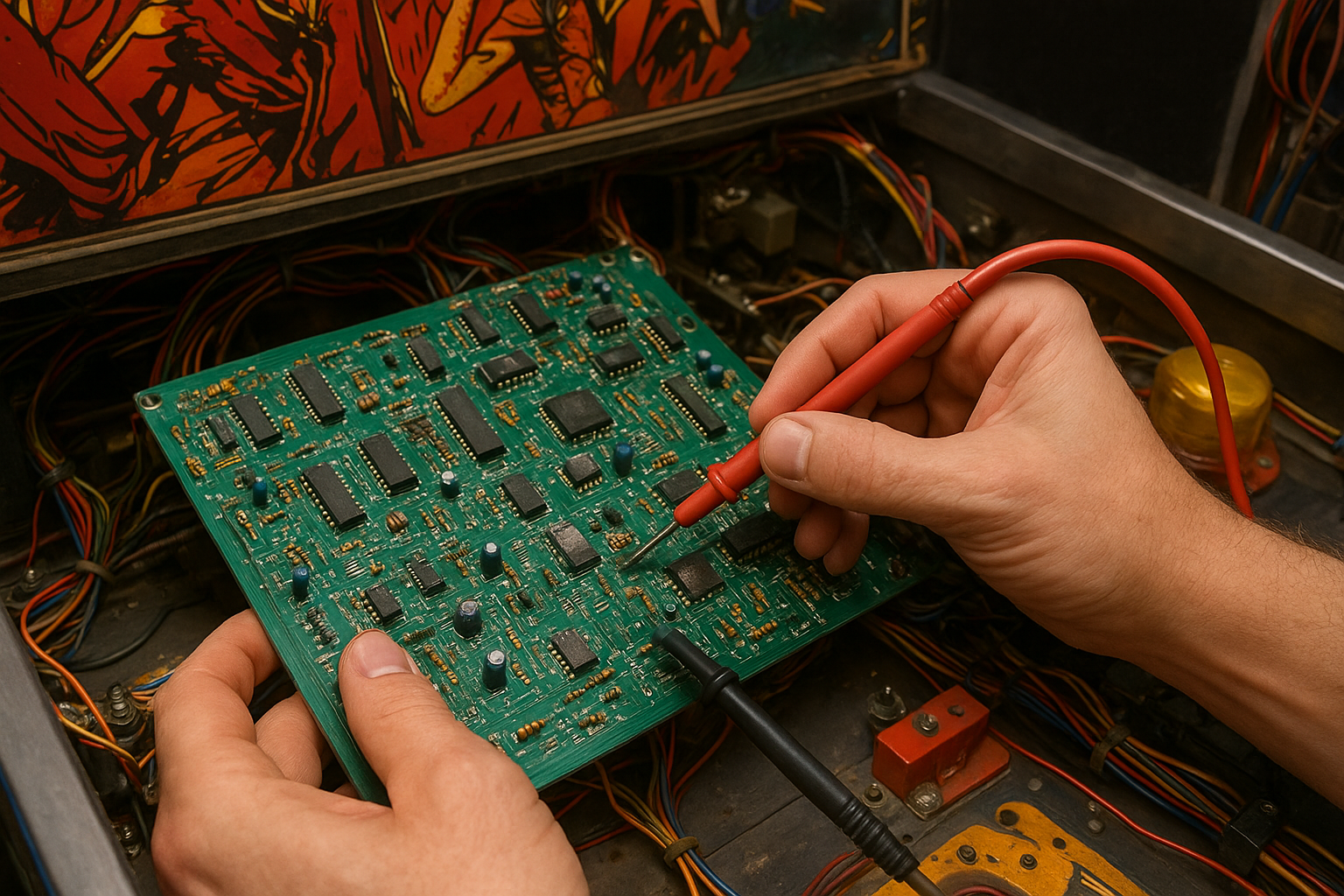Réparation de circuit électronique de flipper par un technicien expert